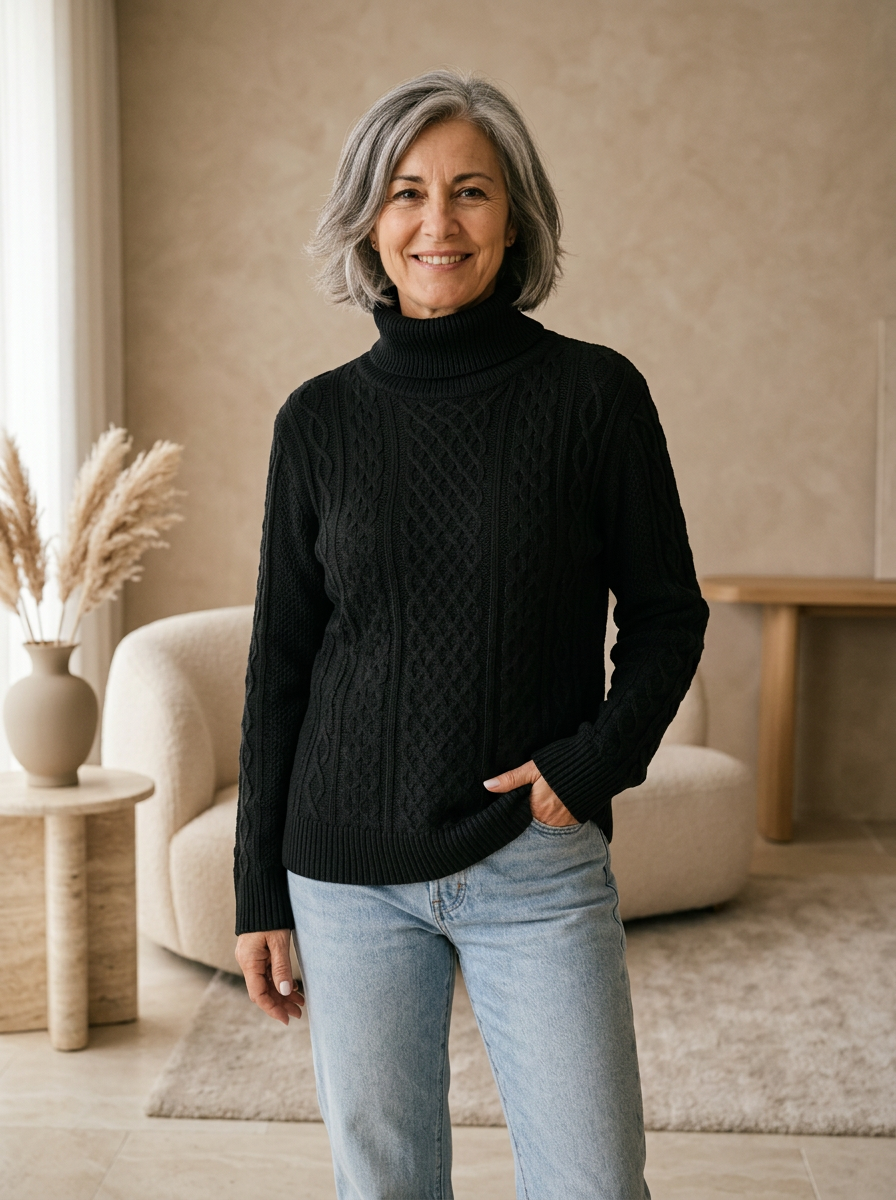 Long sleeve wool blend cable knit sweater