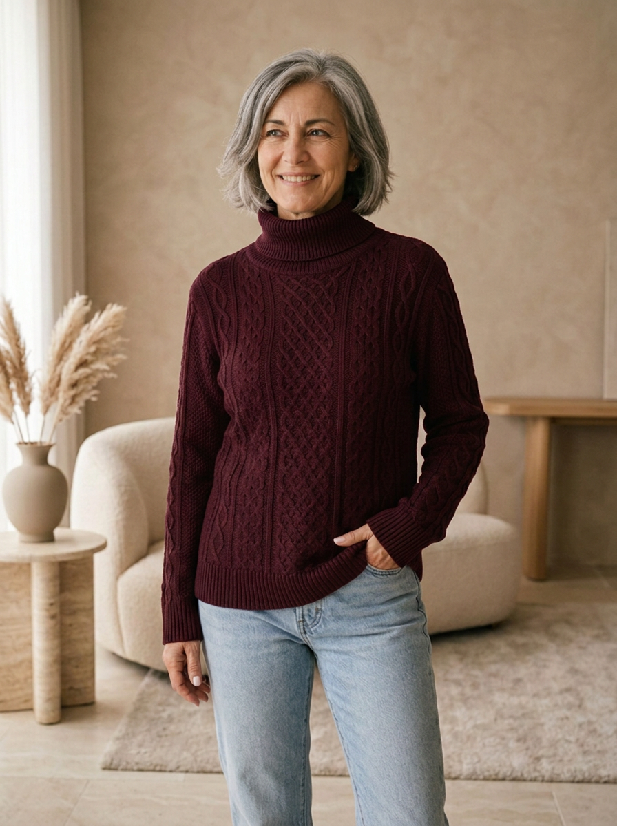 Long sleeve wool blend cable knit sweater