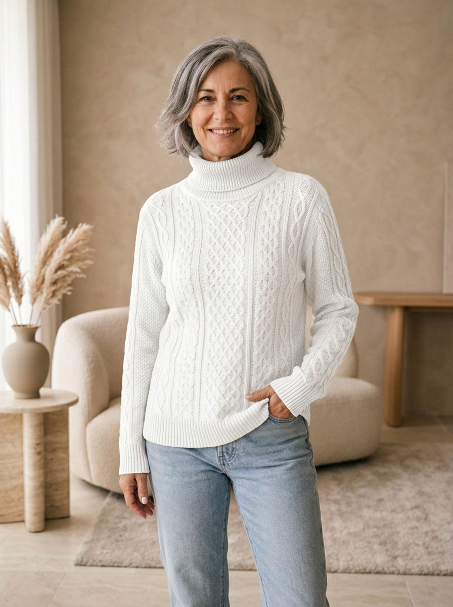 Women's knit sweater with a classic cable pattern