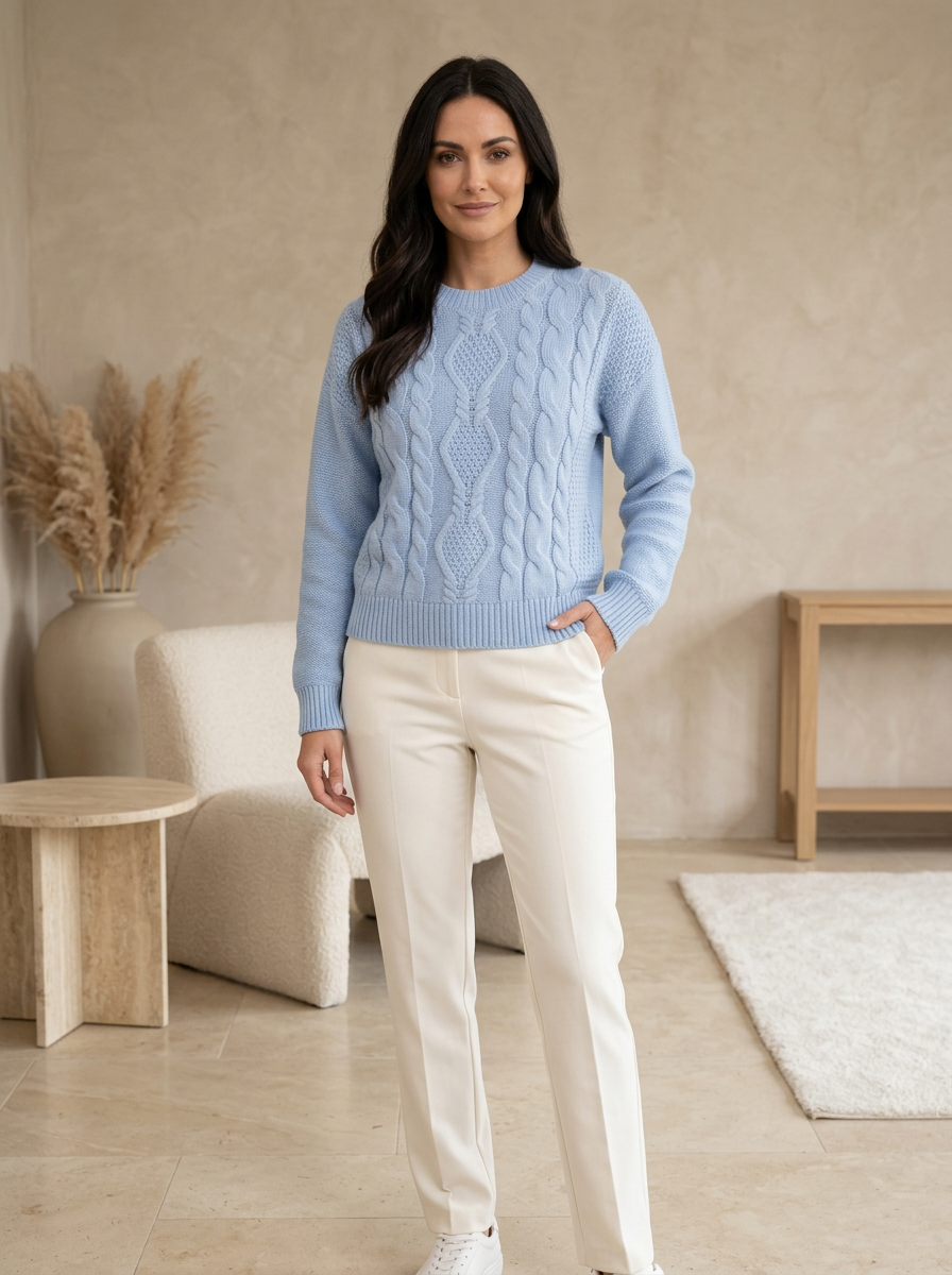 Women's knitted sweater with a classic cable pattern