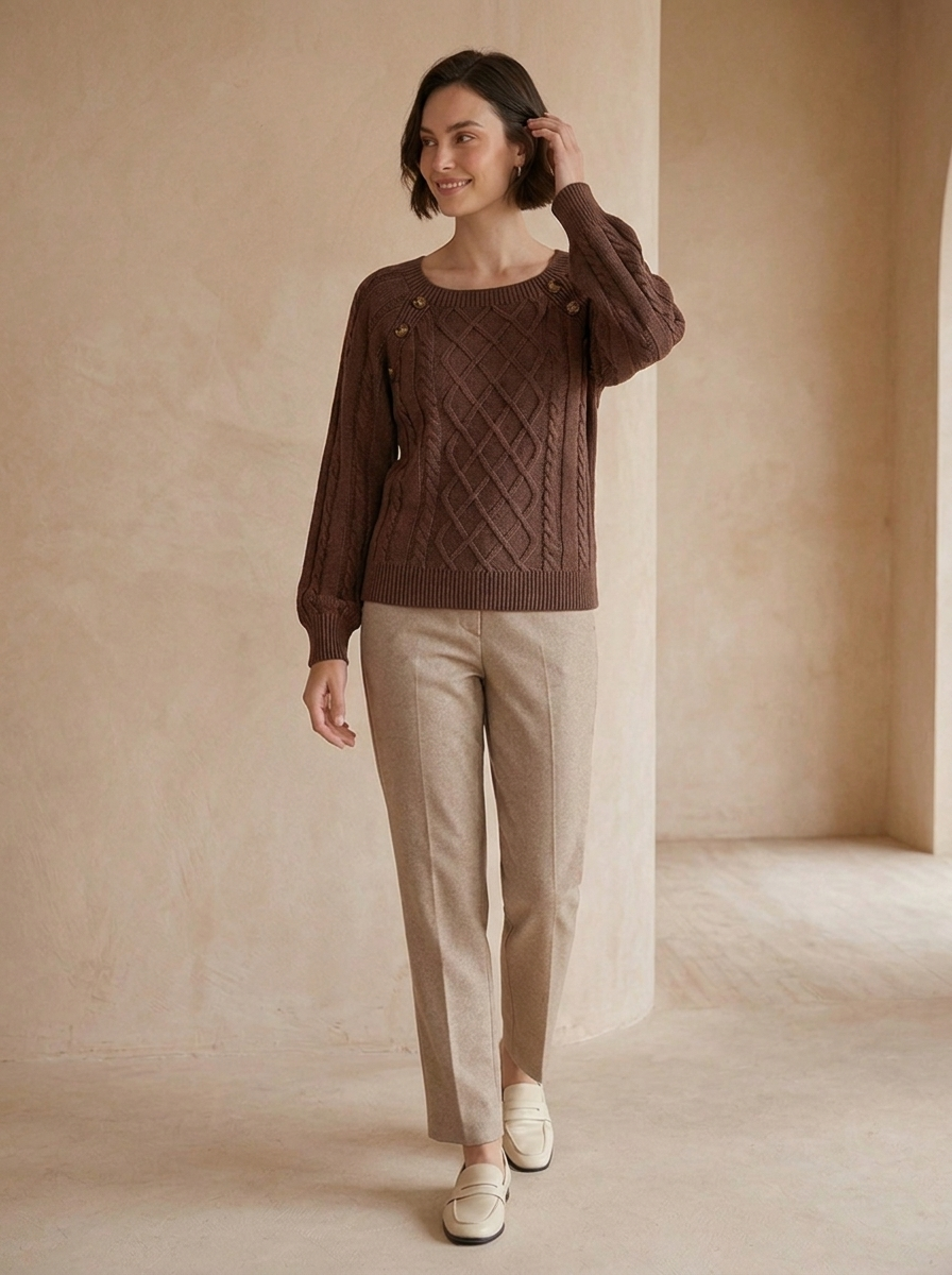 Women's knitted sweater with a classic cable pattern