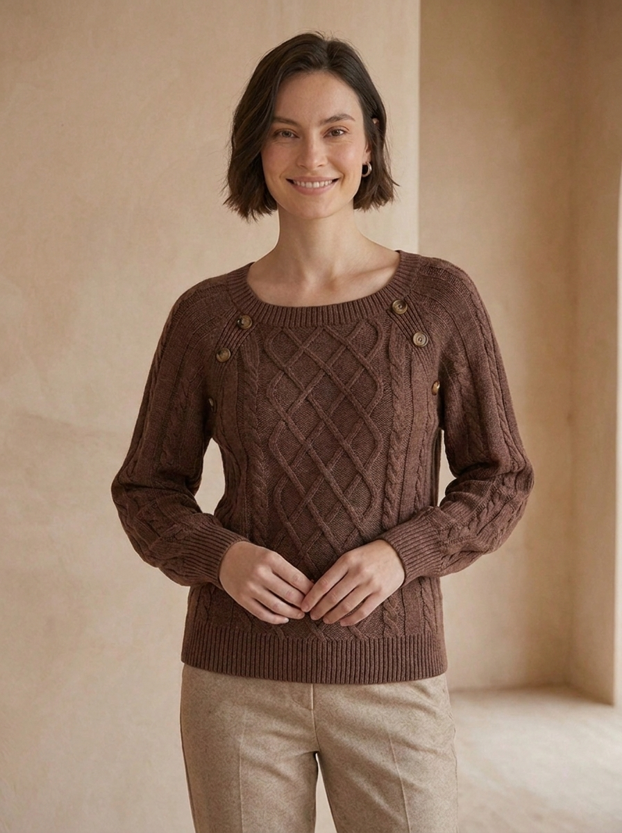 Cable knit pullover for work and travel