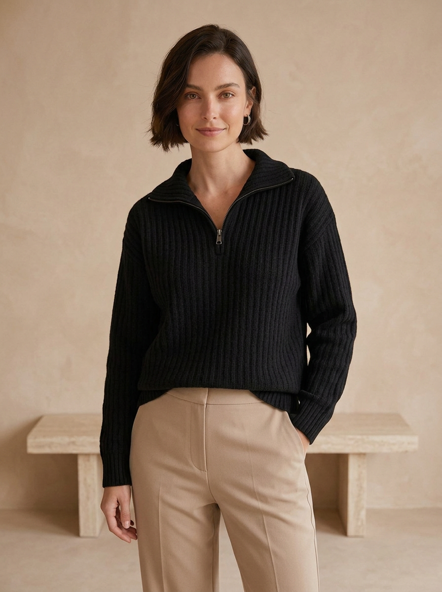 Women's half zip knit jumper with a stand collar