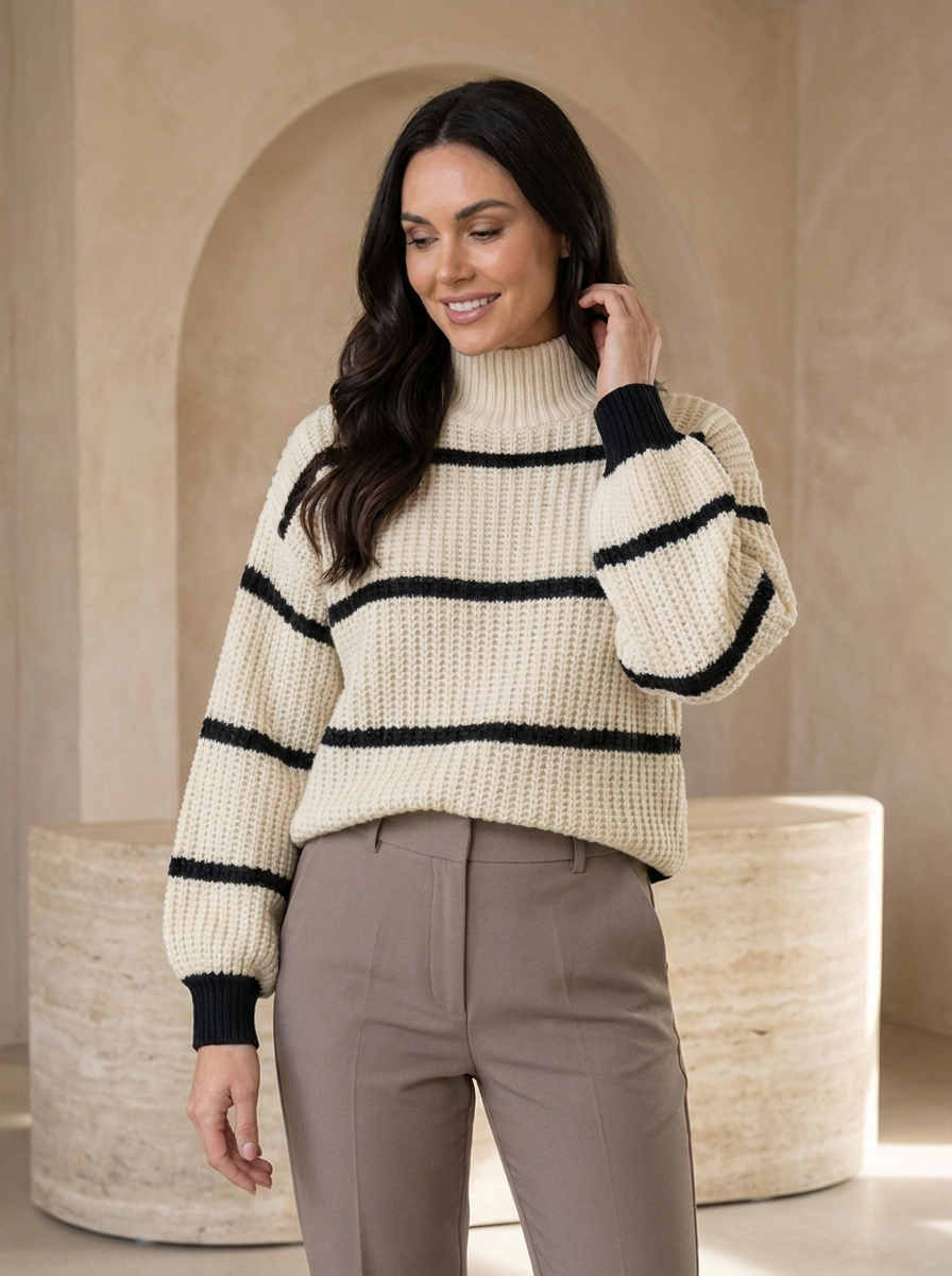 Wool blend jumper with horizontal stripe detailing