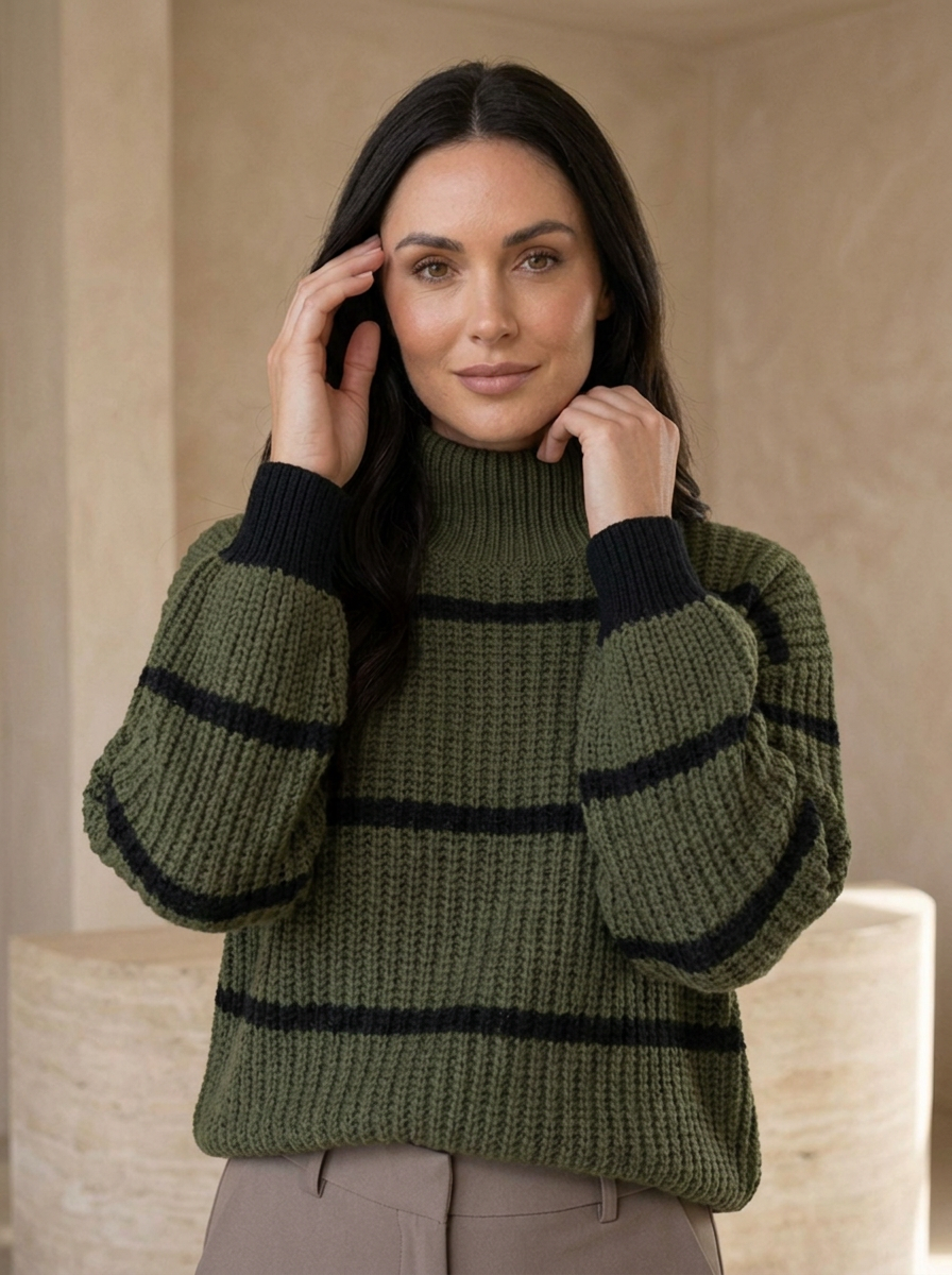 Women's striped knit jumper with a mock neck