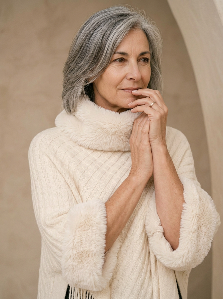 Acrylic knit poncho with a relaxed fit