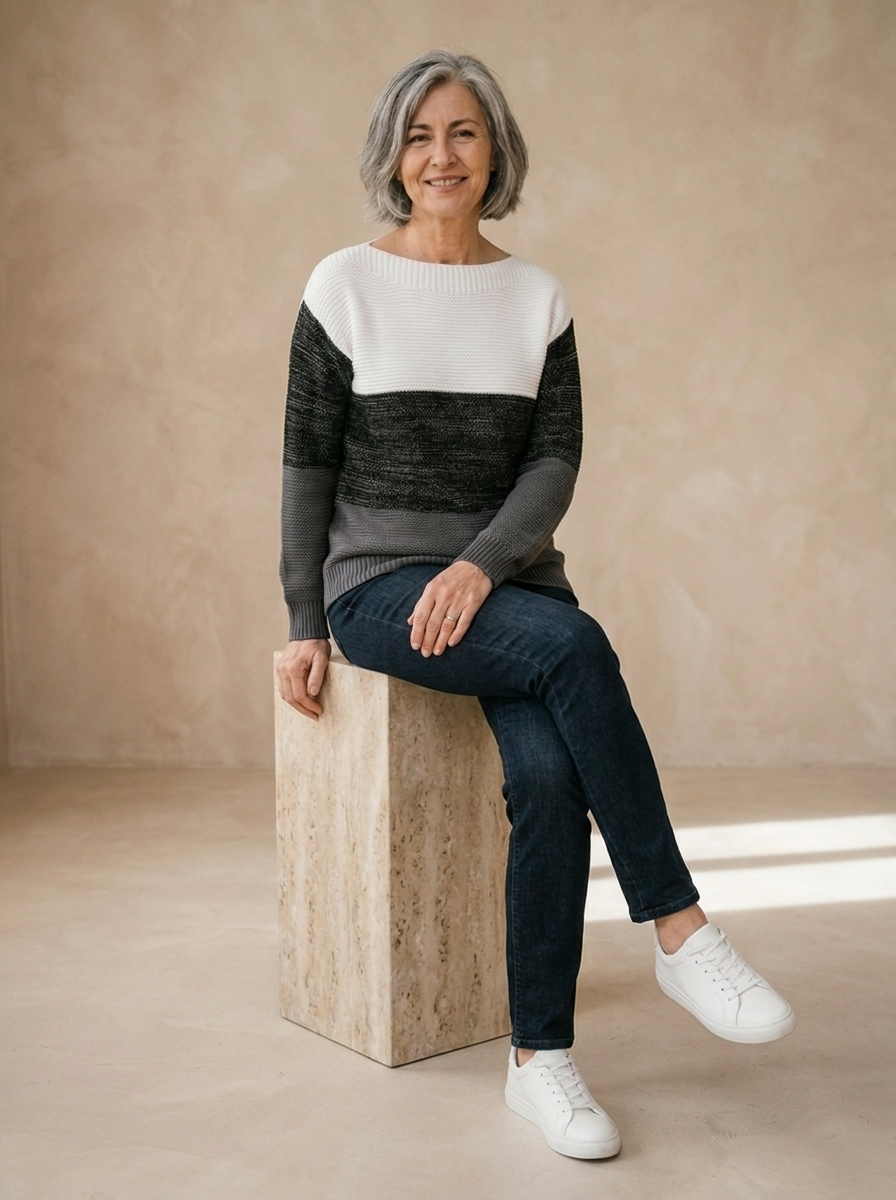 Wool blend pullover with a modern block design