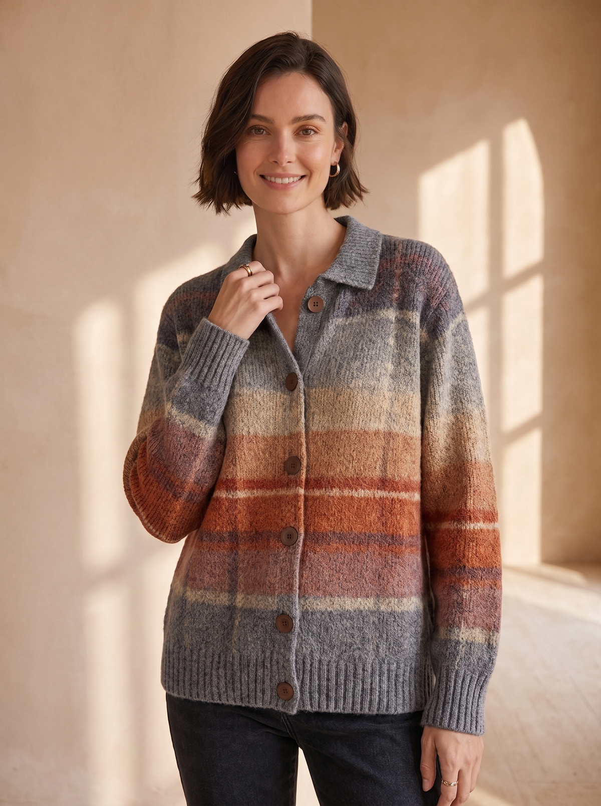 Wool knit cardigan collared women