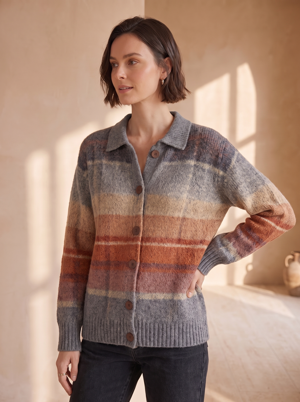 Women's collared wool knit cardigan