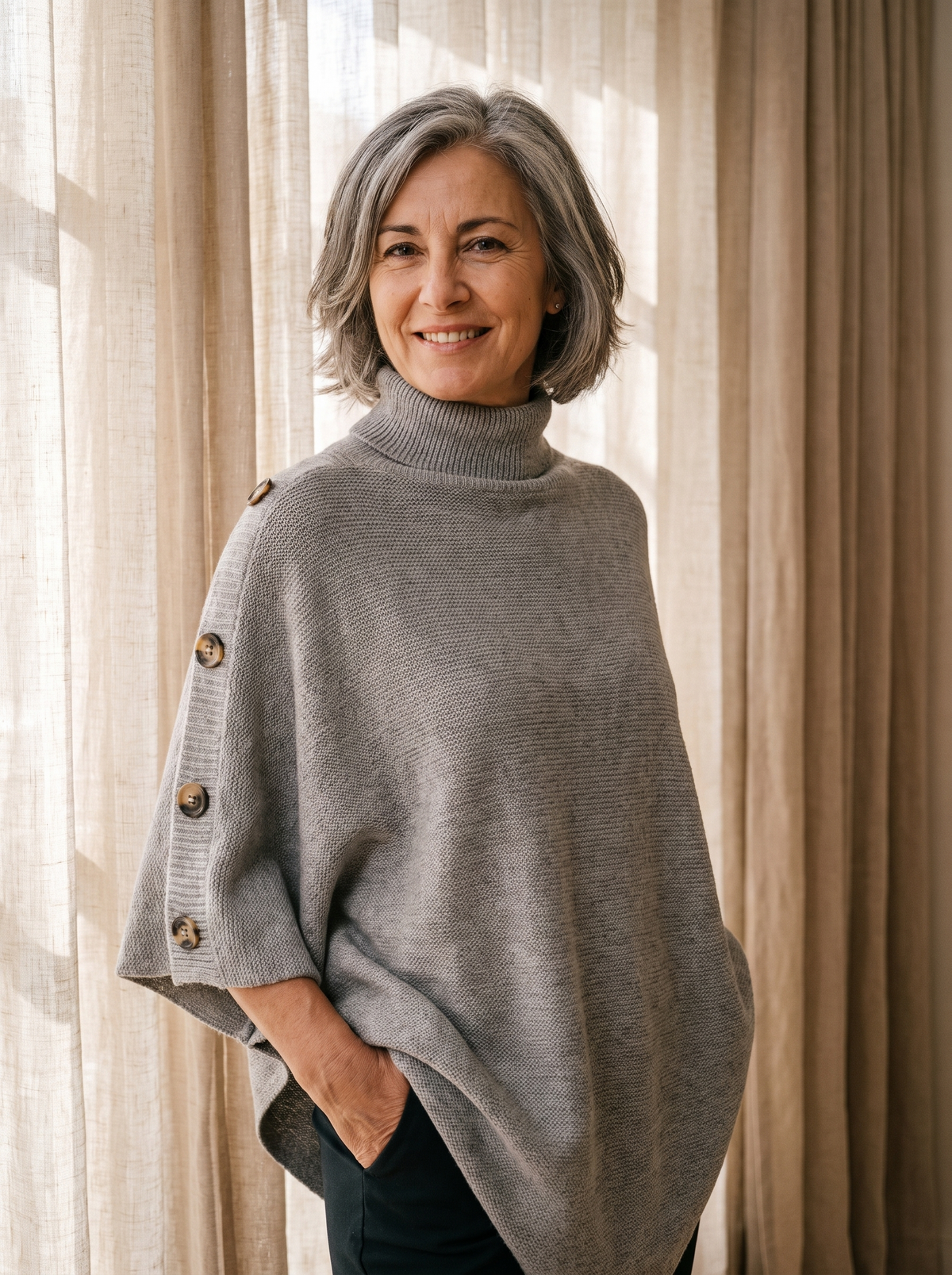 Women's knit poncho with side buttons