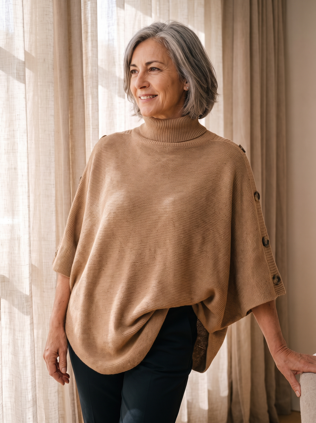 Relaxed acrylic poncho for cooler weather