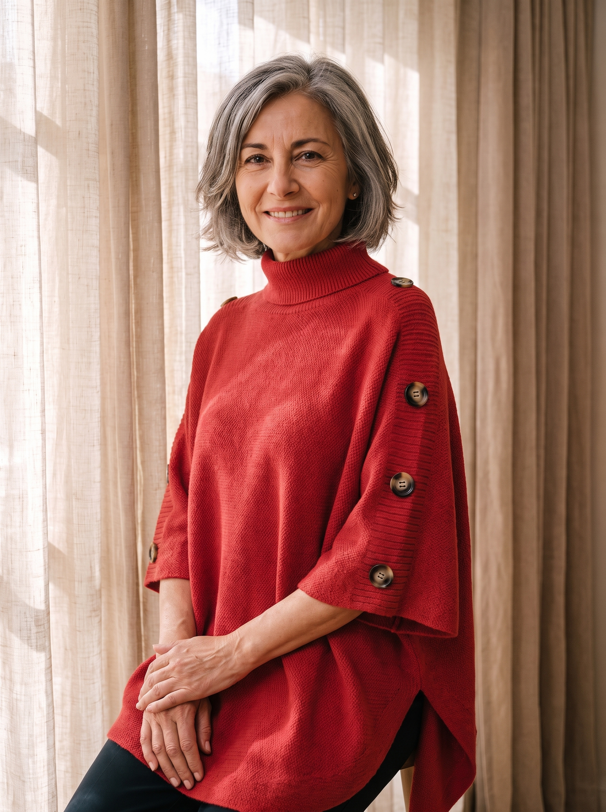Knit poncho with decorative side buttons