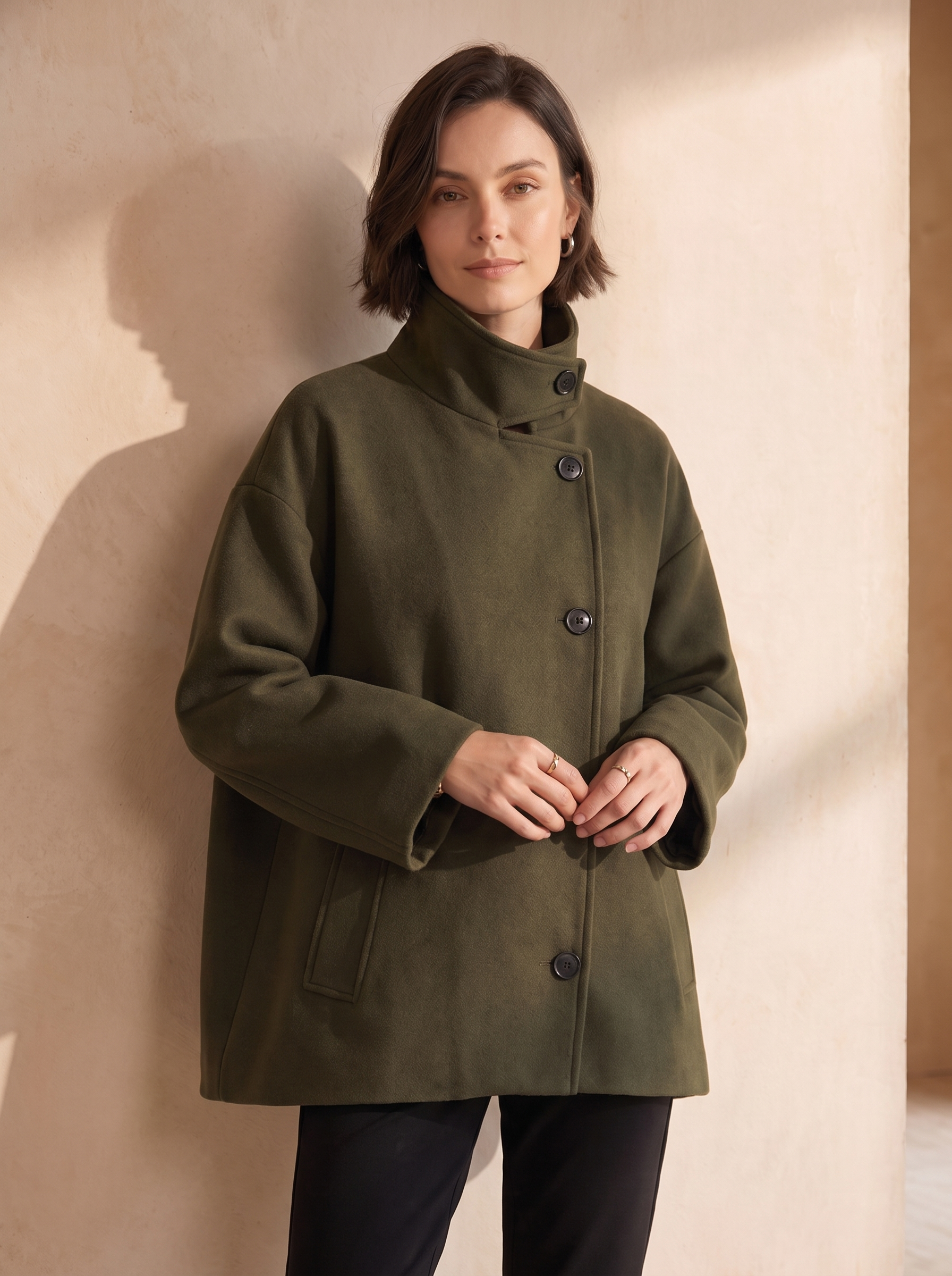 Wool blend short oversized coat women