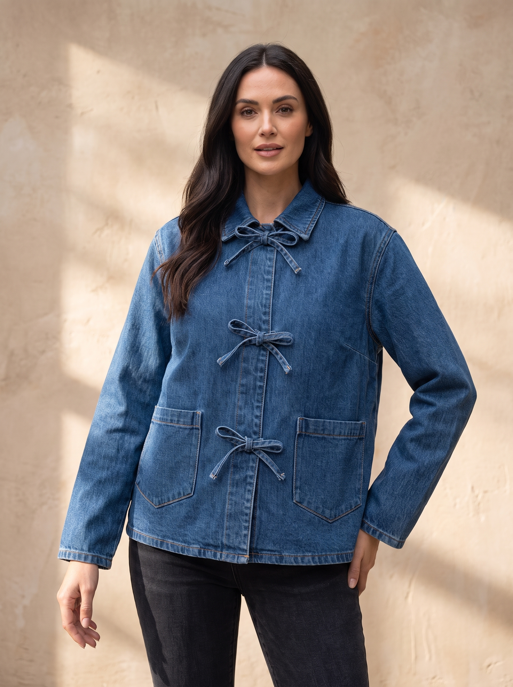 Women's cotton denim tie waist jacket