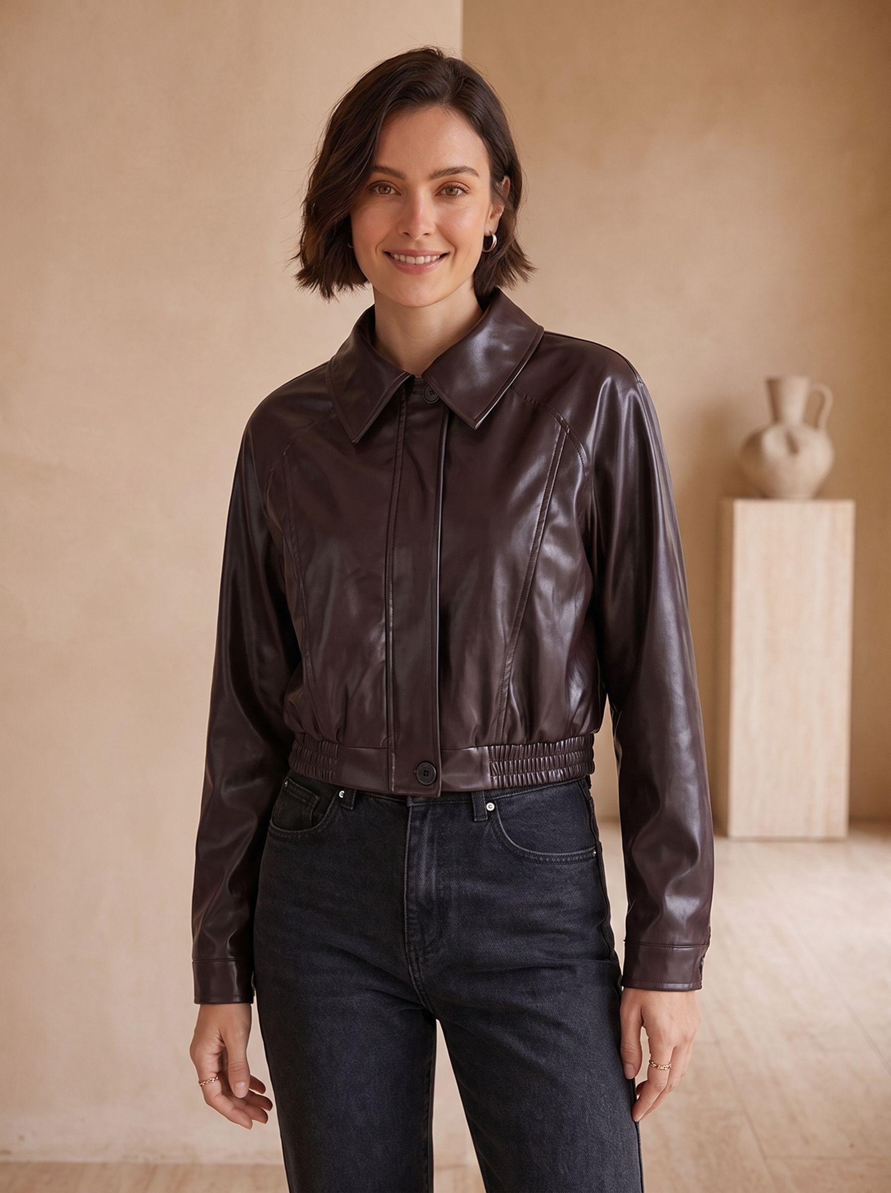 Faux leather jacket cropped regular fit women