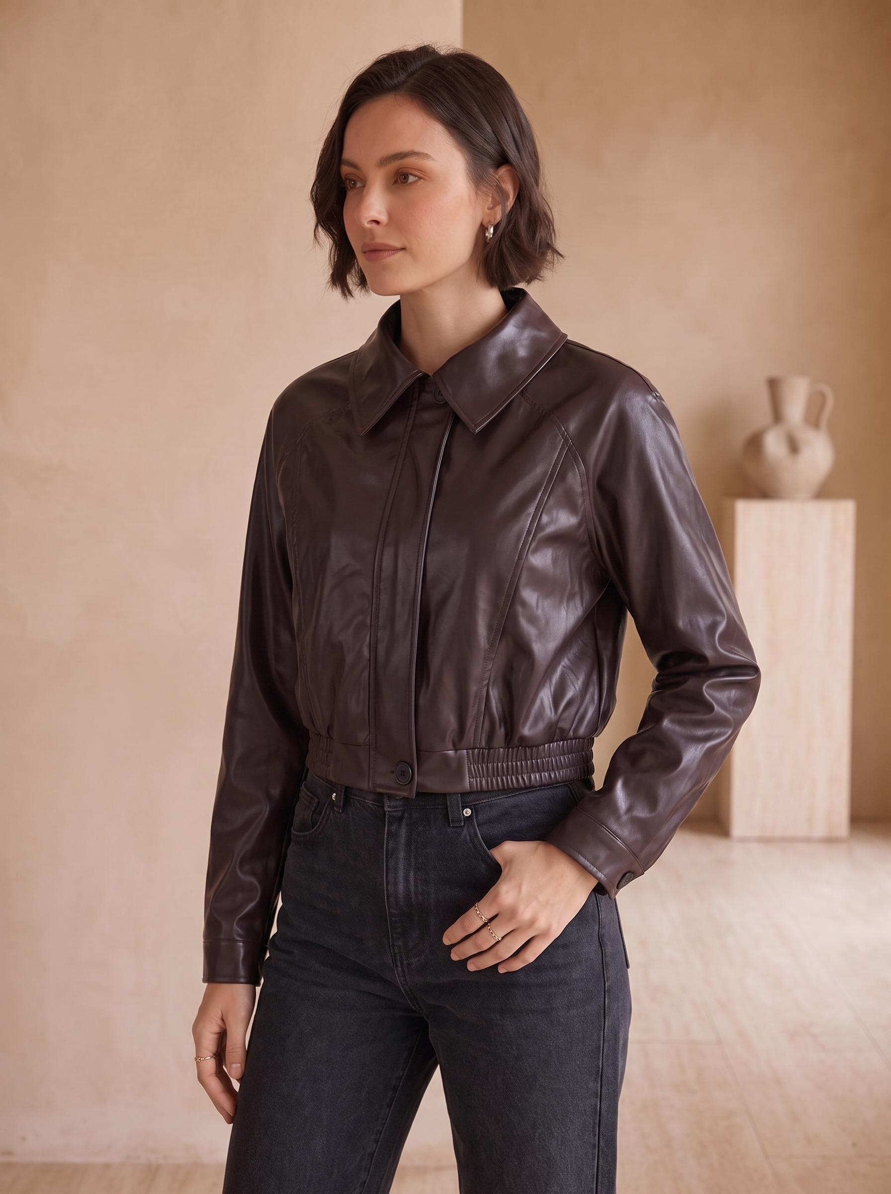 Cropped faux leather jacket women