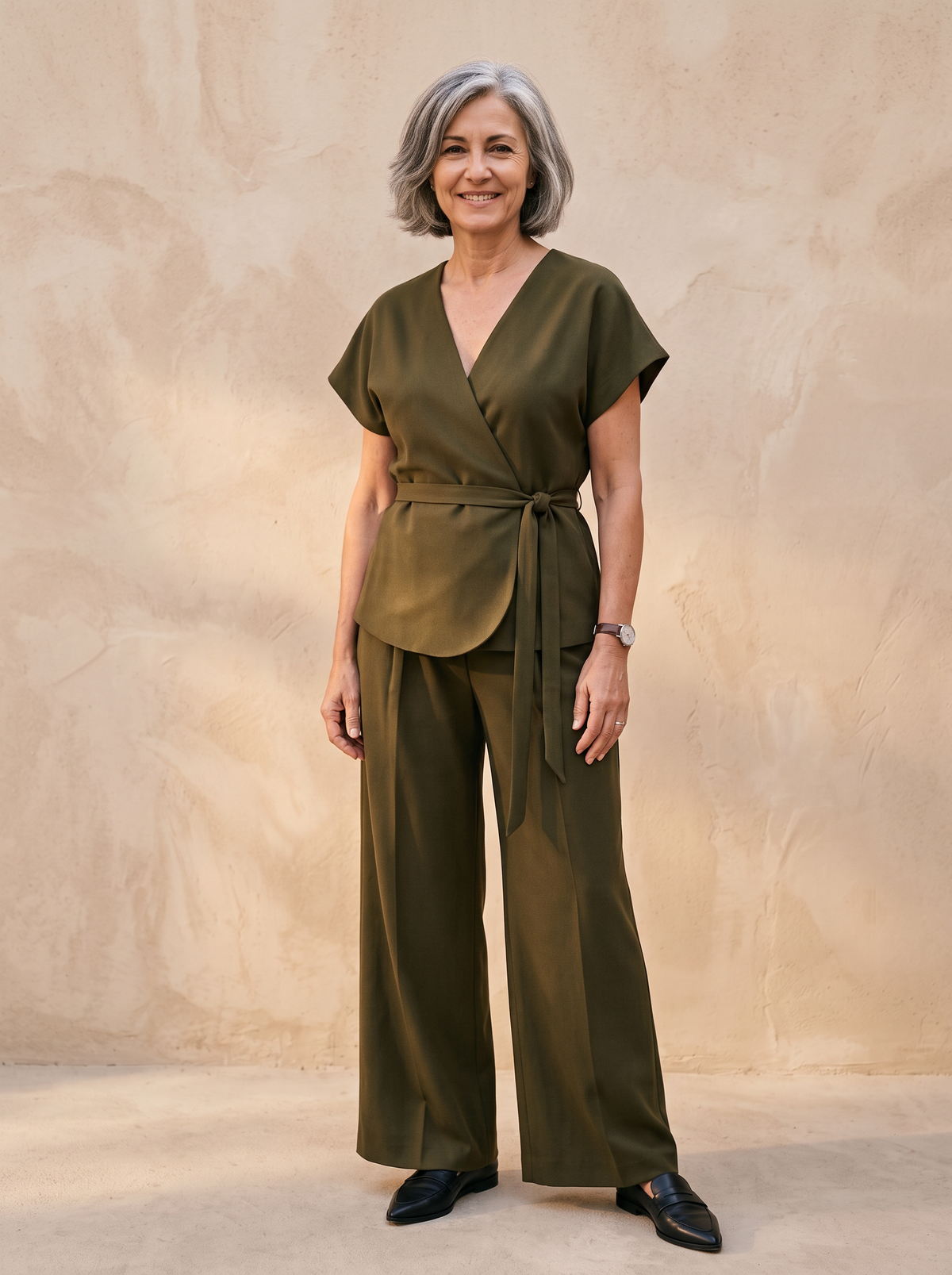 Wrap blouse wide leg trouser set women