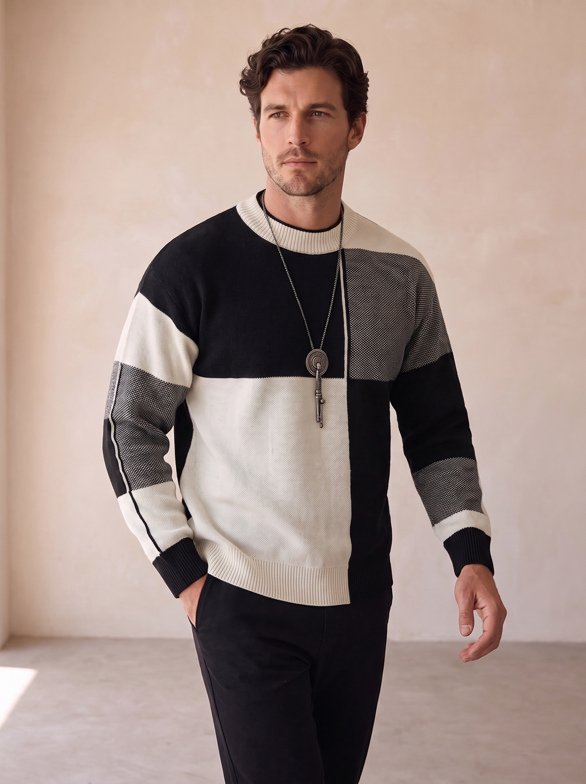 Colour block wool blend jumper men