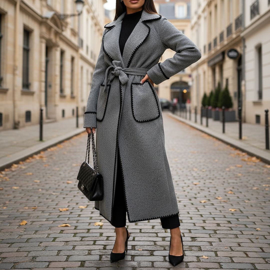 Manteau Long à Finitions Contrastées Femme
