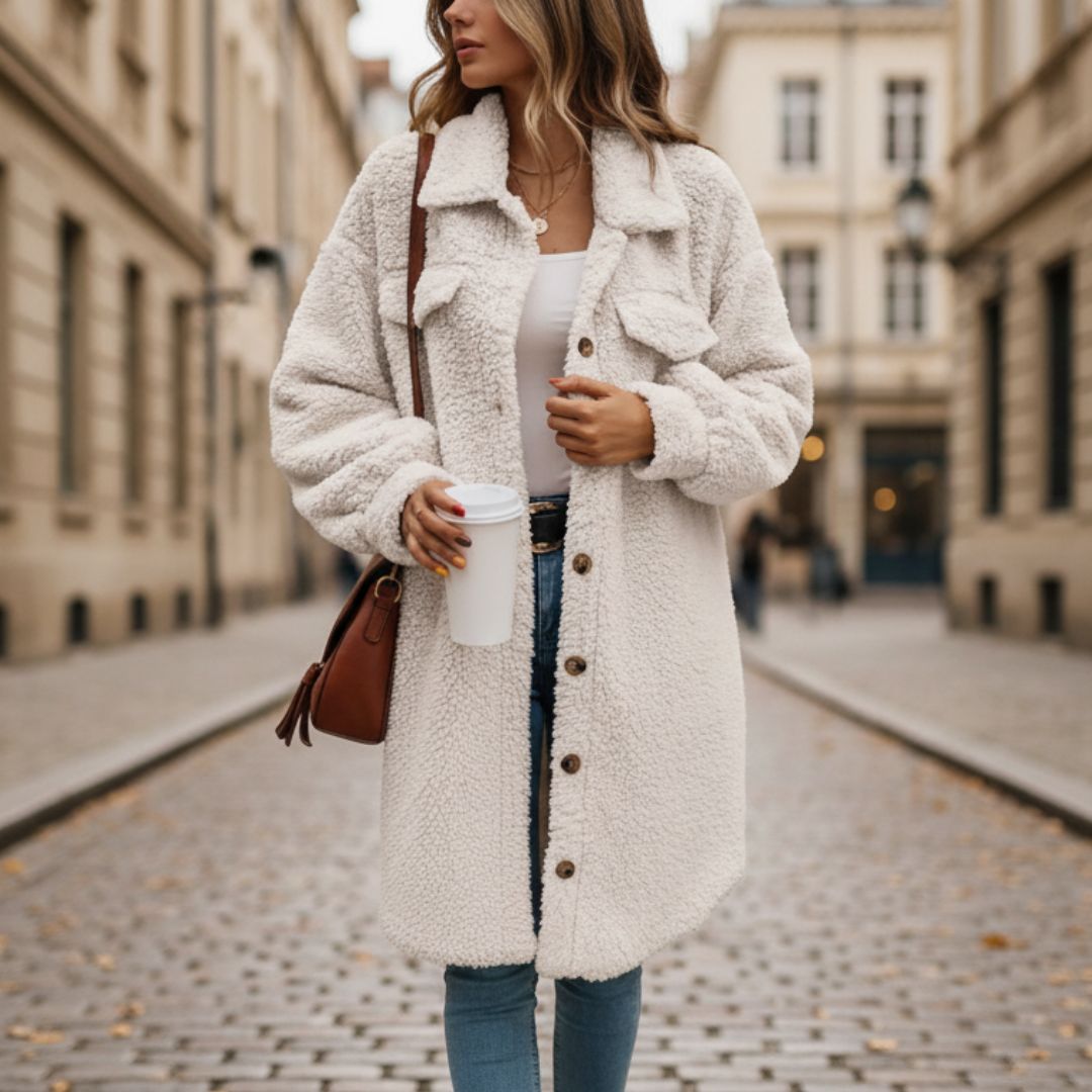 Manteau Long en Peluche avec Fermeture à Boutons Coupe Slim Femmemme