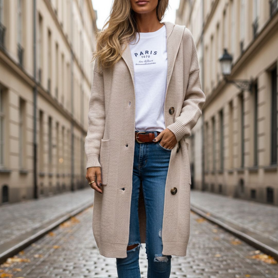 Cardigan Long en Maille avec Capuche Femme