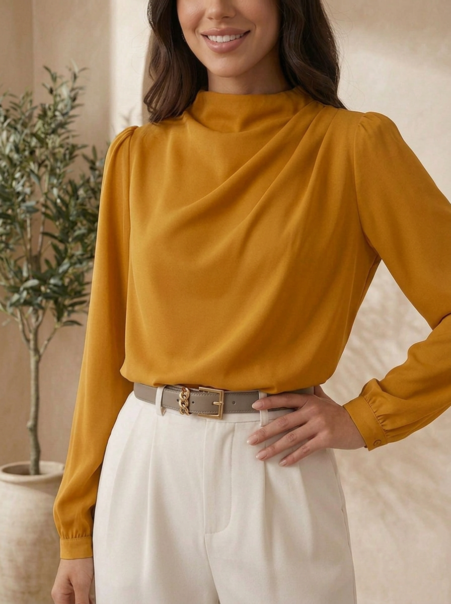 Orange mock neck blouse for women close-up view