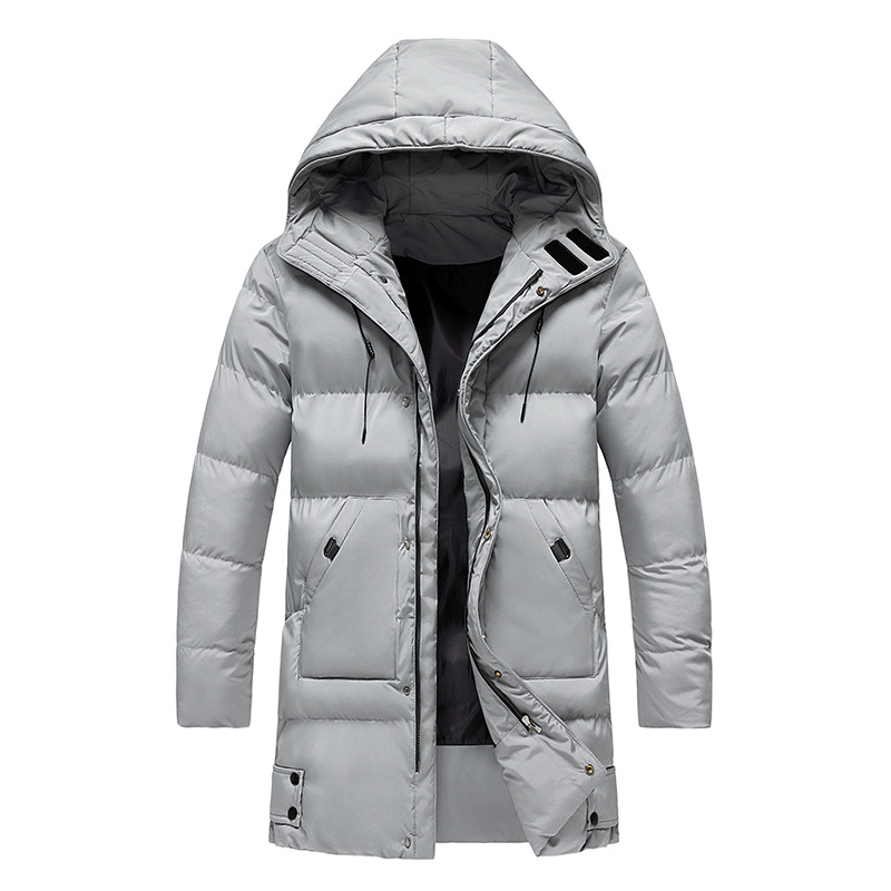 quilted padded longline coat with hood shown from front angle