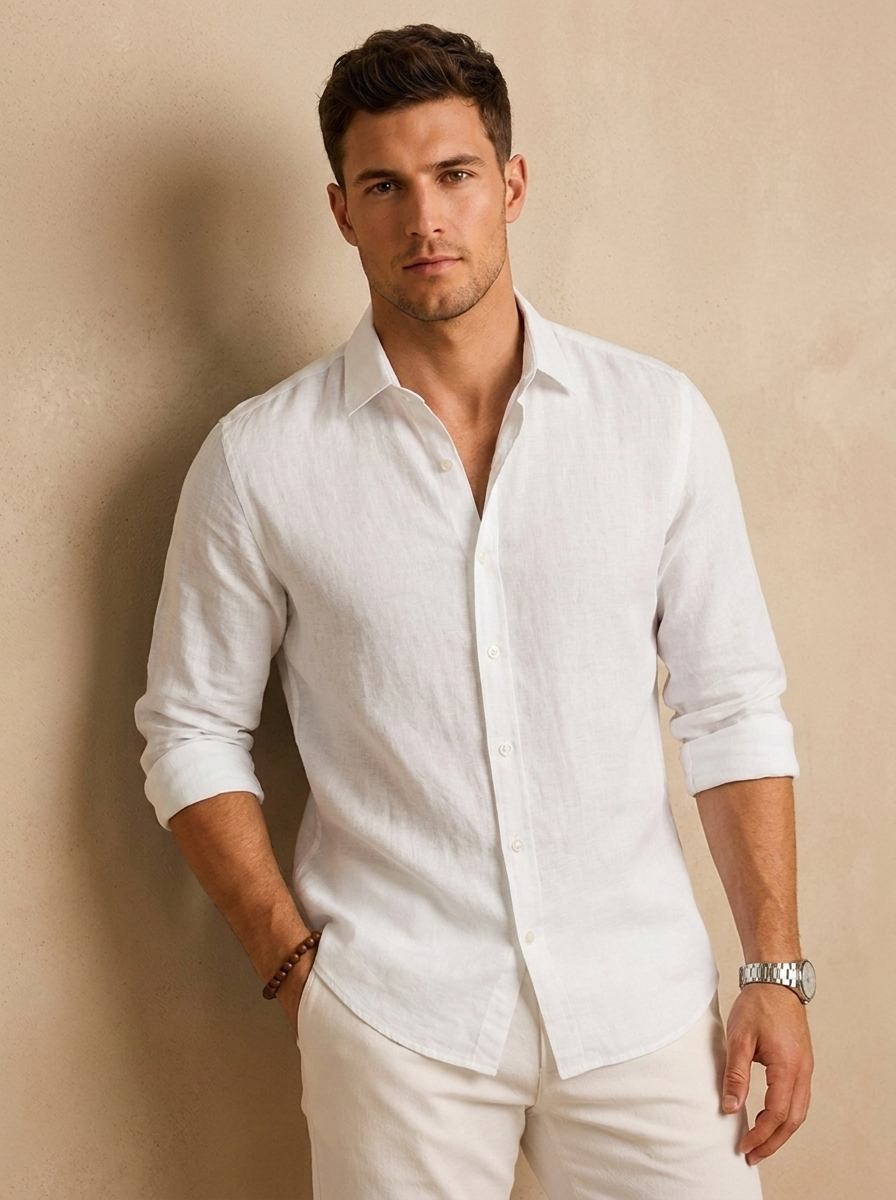 Regular fit linen shirt with button cuffs