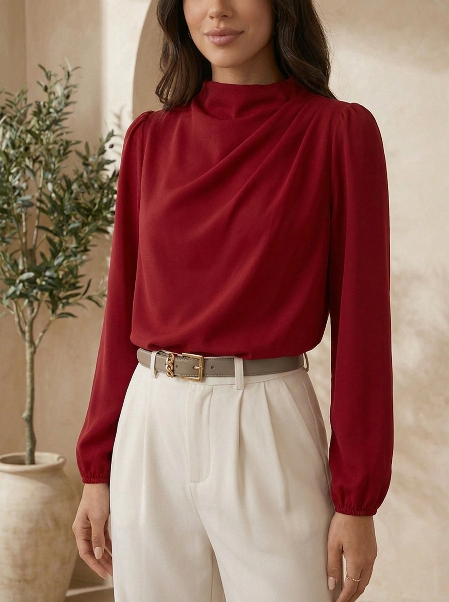 Red mock neck blouse for women close-up view