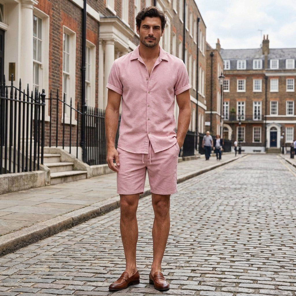 Men's pink short sleeve shirt and shorts set with button fastening and elastic waistband
