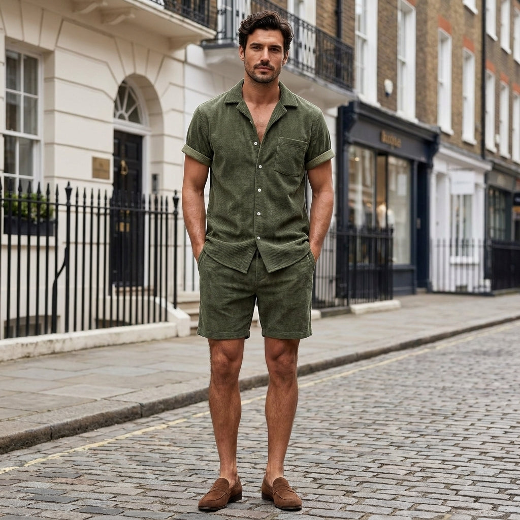 Men's green matching shirt and shorts set with elastic waistband, short sleeve button shirt