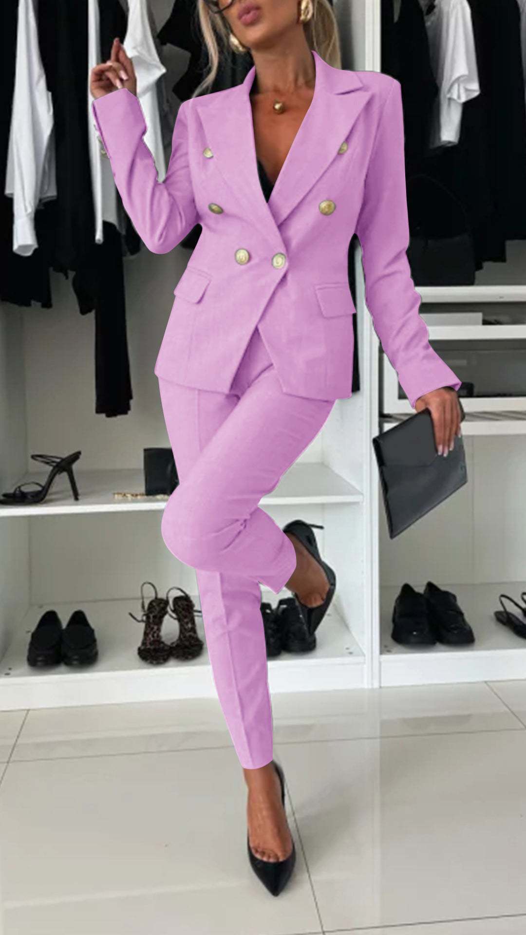 Two-piece woven suit set showing blazer detail with button closure and lapel collar