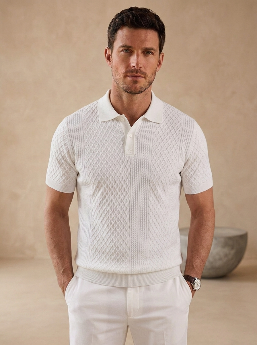 Men's ribbed knit short sleeve polo shirt