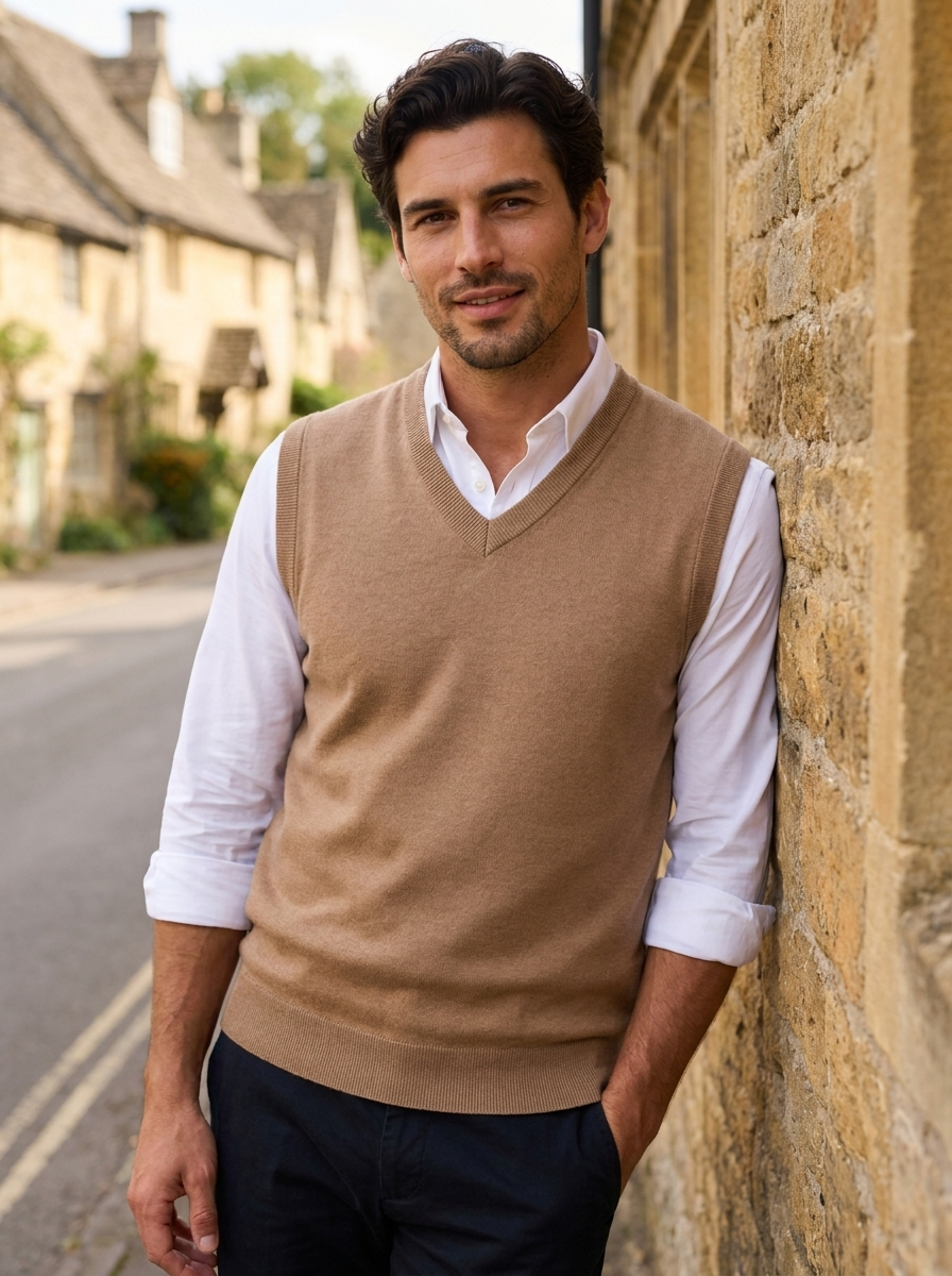 Men's beige cotton V-neck knit sweater with long sleeves and a relaxed casual fit
