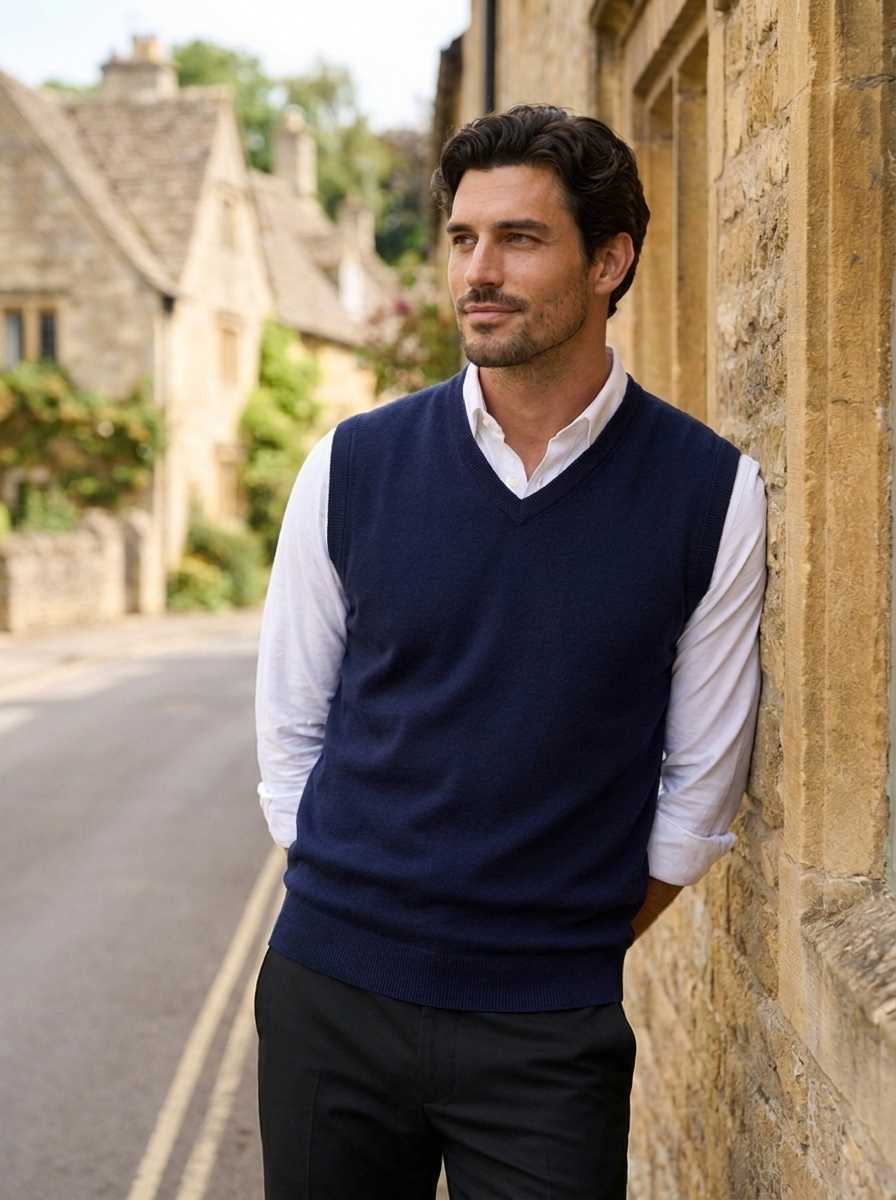 Men's dark blue cotton V-neck knit sweater with long sleeves for casual all-season wear