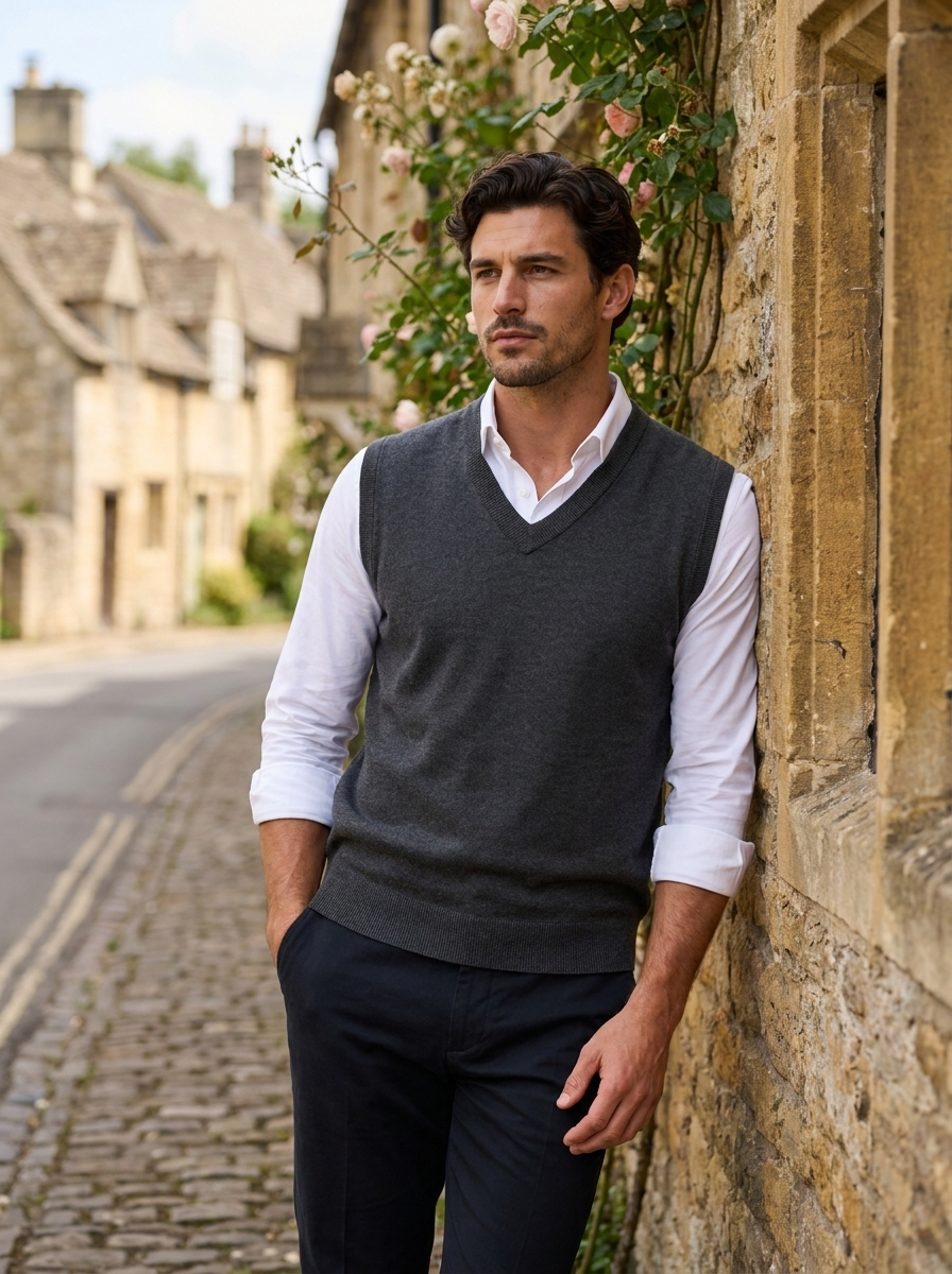 Men's anthracite cotton V-neck knit sweater with long sleeves in a relaxed everyday fit