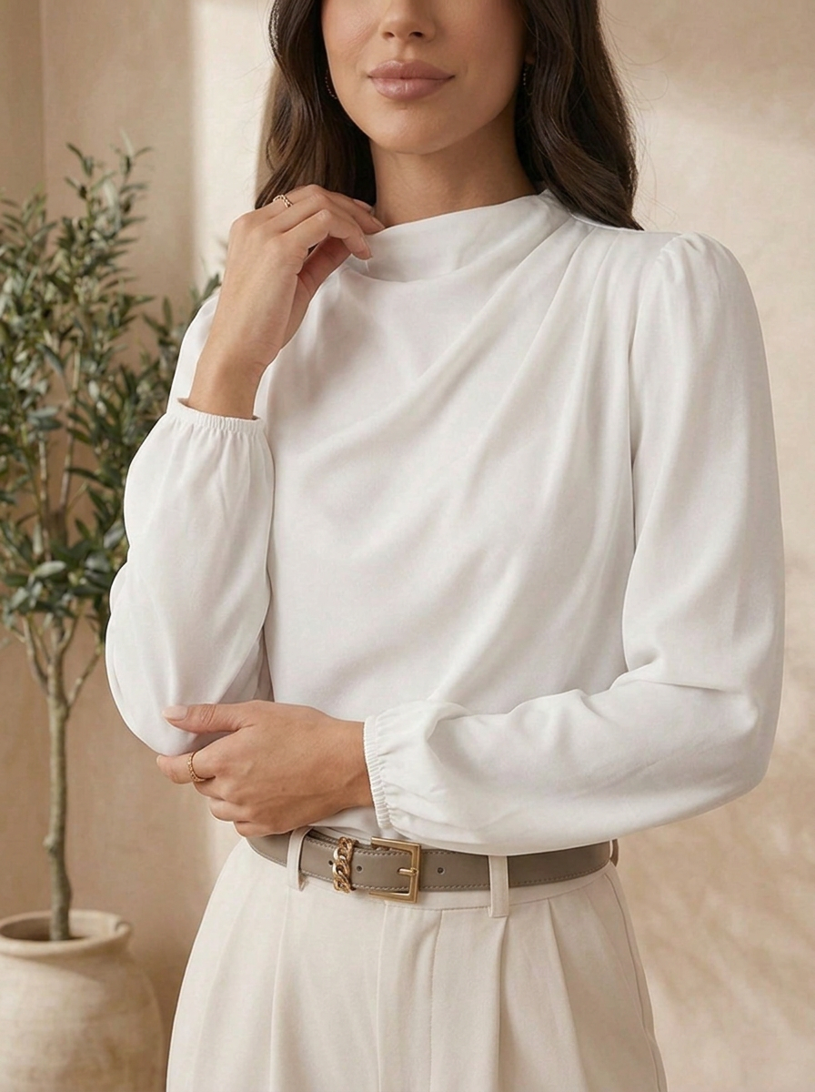 White mock neck blouse for women close-up view